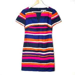 Trina Turk red pink navy striped short sleeved V-neck sheath dress size 0 B117